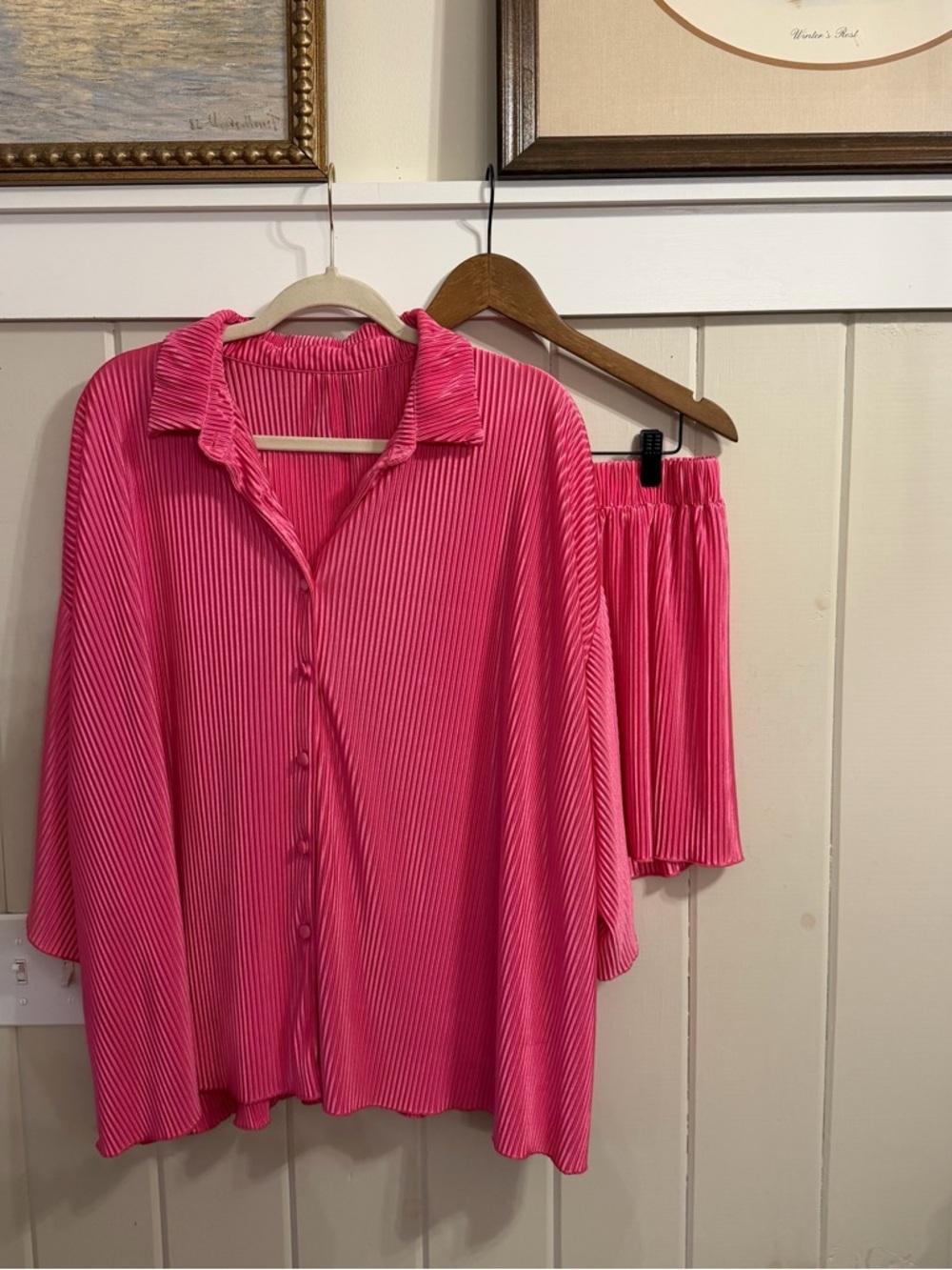 Bright Pink Pleated Button-Up Top with Matching Shorts, Loungewear, Size XL